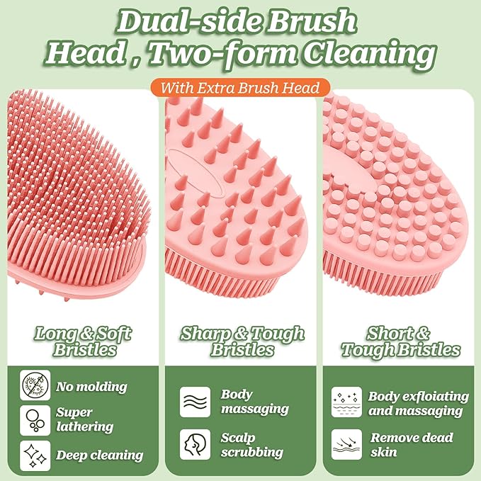 Silicone Face & Back Scrubber Set, Manual Face & Body Scrubber Exfoliator with Soft Bristles and Non-Slip Handle, Back Brush Bath Brush with 2 Detachable Brush Heads(3PCS Pink Set)