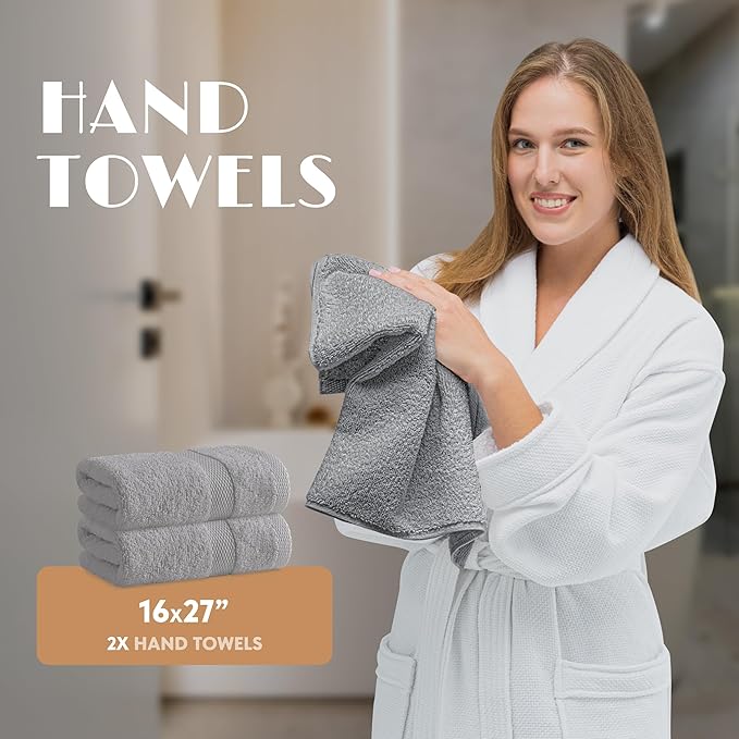 Light Gray Bath Towel Set of 6 - 100% Cotton Highly Absorbent Towels for Bathroom, 2 Luxury Bath Towels 650GSM, 2 Hand Towels, 2 Washcloths