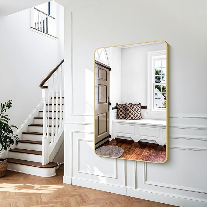 Gold Bathroom Mirror,55x36 inch Wall Mirror for Bathroom Wall Mounted,Round Rectangle Mirror for Bathroom Over Sink,Modern Frame for Home Decor Living Room,Bedroom Entryway,Horizontal/Vertical