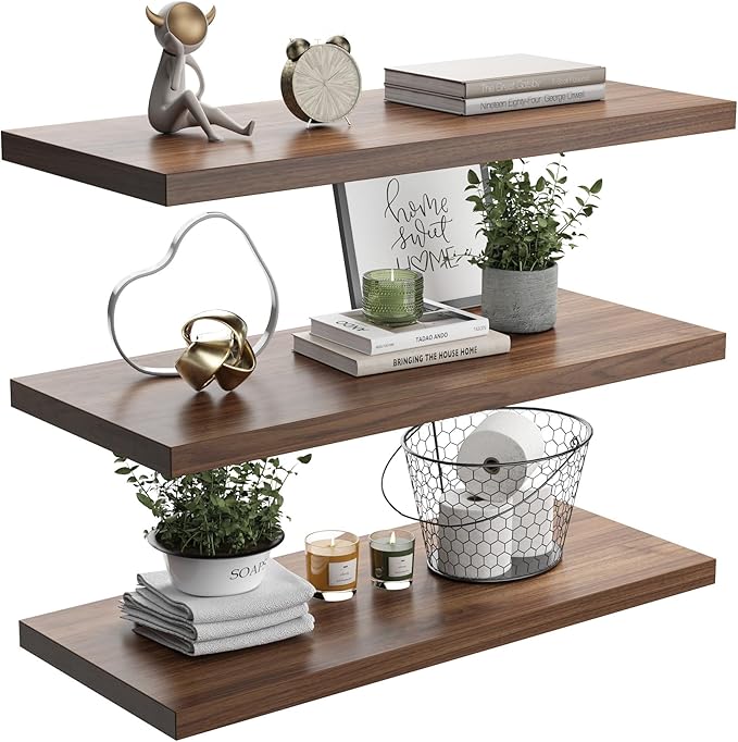 Wall Shelf Set of 3, Walnut Floating Shelves 24 in W x 10 in D x 1 in H, Wooden Floating Wall Shelf with Invisible Brackets for Living Room/Bedroom/Bathroom/Kitchen Storage and Decor