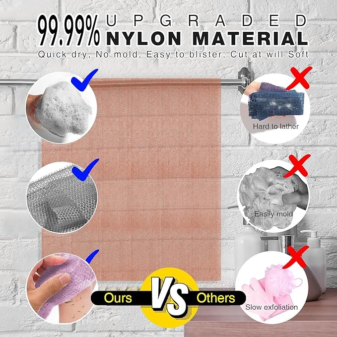 UJFQBH 3 Pieces African exfoliating net African Net Long Net Bath Sponge Exfoliating Shower Body Scrubber Back Scrubber Skin Smoother,Great for Daily Use (Purple、Gray、Brown)