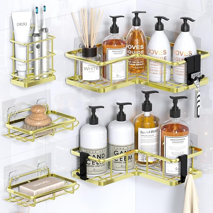 YASONIC Corner Shower Caddy Organizer, 5-Pack Self-Adhesive Rustproof Bath Shelves with Soap Holder & 4 Hooks, Large Capacity Shower Storage Rack for Bathroom Organization, Gold