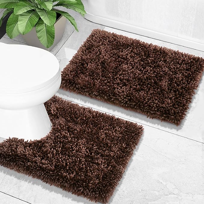 Yimobra Toilet Rugs U Shaped Washable, Extra Thick Soft Absorbent Chenille Contour Bathroom Rugs for Toilet 24x24 Inch, Quick Dry Non Slip Toilet Mat for Bath Floor, Brown
