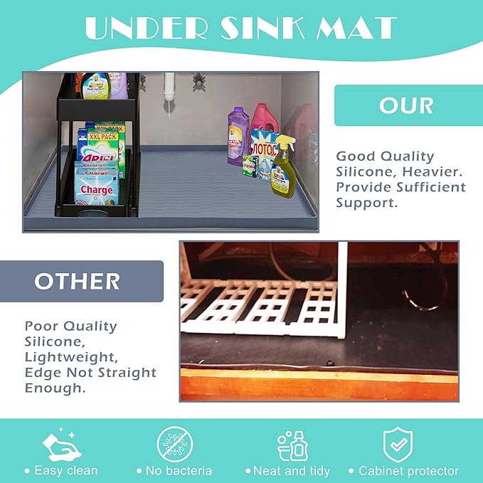 URMONA Waterproof Silicone Under Sink Mat 34'' x 22'' Shelf Liner for Kitchen and Bathroom, Cabinet and Counter Protector, Storage and Organizers, Litter Mat, Pet Cat Puppy Essentials(Beige)