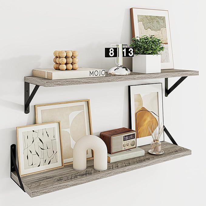 Dreamland Deep Floating Shelves for Wall, 30W x 8D Wall Shelves, Set of 2, 30 inch Floating Shelf with Sturdy Metal Brackets for Living Room, Bathroom, Bedroom and Kitchen, Grey