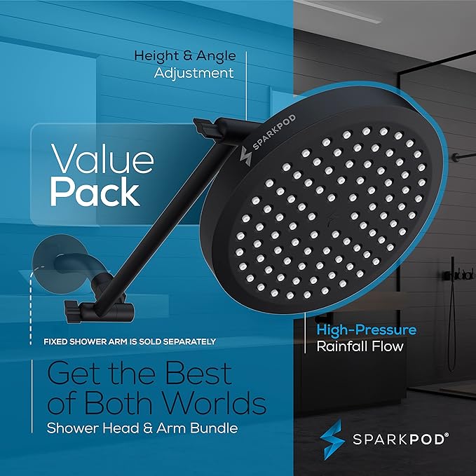 SparkPod Round Rain Shower Head with Extension Arm - Height Adjustable Shower Head with High Pressure Performance - Easy 1-Minute Installation (11" Arm Extension, Midnight Black Matte)