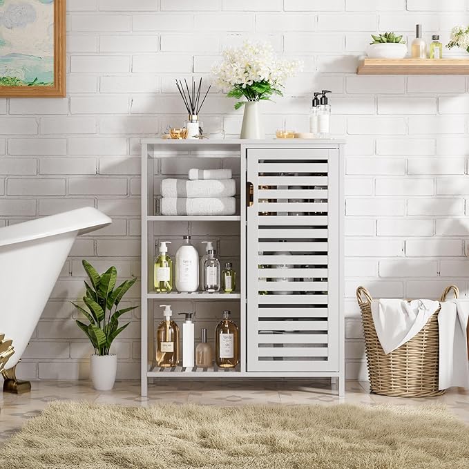 HITNET Bathroom Cabinet Freestanding, Bamboo Floor Cabinet, Side Storage Organizer with Door and 3 Shelves, Living Room Kitchen Cupboard, White