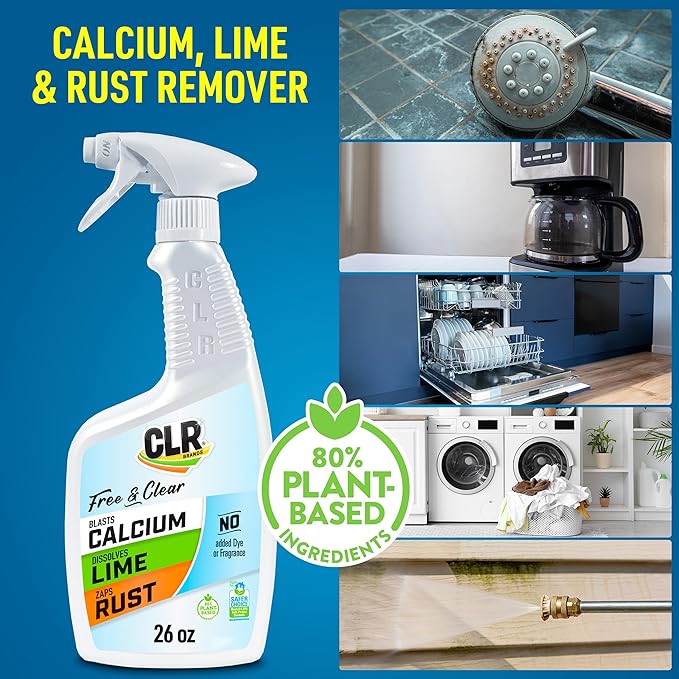 CLR Brands® Calcium, Lime & Rust Remover Free & Clear, No Dyes or Fragrances, Gentle Lime and Bathroom Descaler, Removes Hard Water Stains and Rust Deposits, 26 Oz Bottle (Pack of 1)