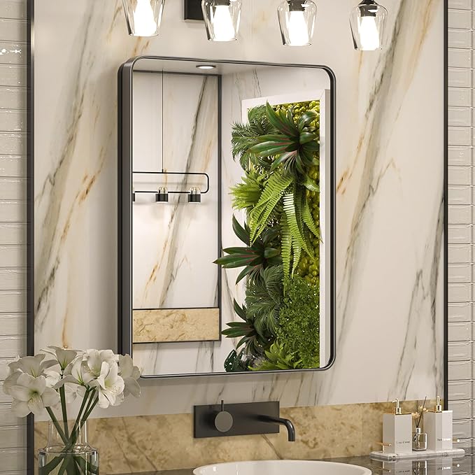 Keonjinn 24 x 32 Inch Black Recessed Medicine Cabinets, Bathroom Mirrored Medicine Cabinet, Gloss Black Stainless Steel Framed, Adjustable Shelves, in Wall or Surface Mount, Sturdy & Heavy, Farmhouse