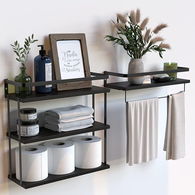 RICHER HOUSE 3+1 Tier Wall Mounted Floating Shelves Set of 2, Rustic Wood Wall Shelf with Metal Frame, Extra Storage Rack for Bathroom, Kitchen, Bedroom with Tissue Rack & Towel Bar - Black