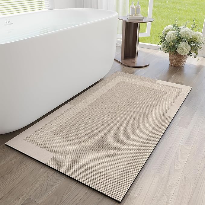 Non Slip Long Bath Mat Bathroom Runner, Rubber Backing Ultra Thin Bathroom Rugs Fit Under Door Quick Dry Super Absorbent Washable Bath Rug Shower Mat for Bathtub Sink Floor, Beige 24"x48"