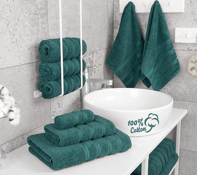 American Soft Linen Luxury 6 Piece Towel Set, 2 Bath Towels 2 Hand Towel 2 Washcloths, 600 GSM 100% Cotton Turkish Towels for Bathroom, Teal Towel Sets