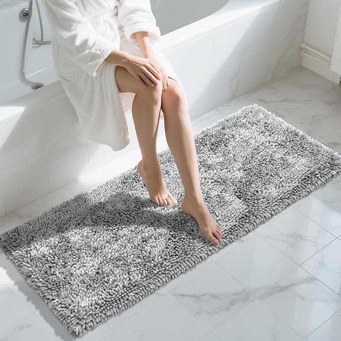 Yimobra Long Bathroom Rugs Runner 60x24 Inch, Extra Thick Soft Absorbent Chenille Bath Mat, Non Slip Machine Washable, Quick Dry Bath Rugs for Bathroom Floor, Tub and Shower, Light Grey