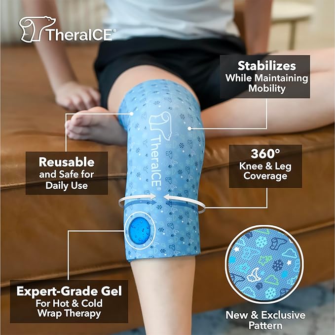 TheraICE Junior Knee Ice Pack Wrap Compression Sleeve for Injuries, Reusable Gel Cold Packs Brace Also for Ankle & Calf - Flexible Cold Wrap Recovery for Meniscus, ACL, MCL Pain Relief (X-Small)