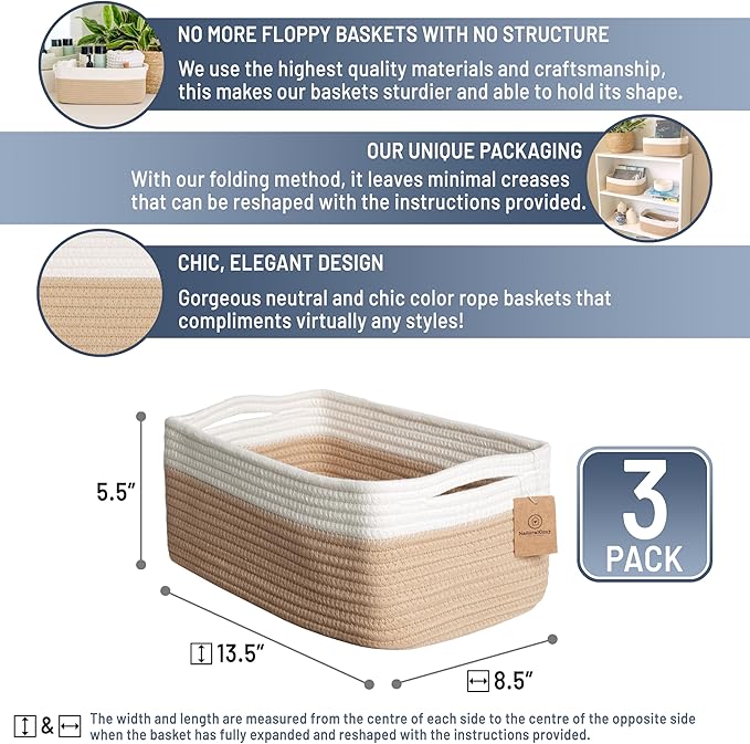 NaturalCozy 13.5”x8.5”x5.5” Storage Baskets for Shelves 3 Pack | Cotton Rope Woven Small Baskets for Organizing | Small Storage Bins for Nursery, Bathroom, Closet, Cube Shelf, Decorative, Gift