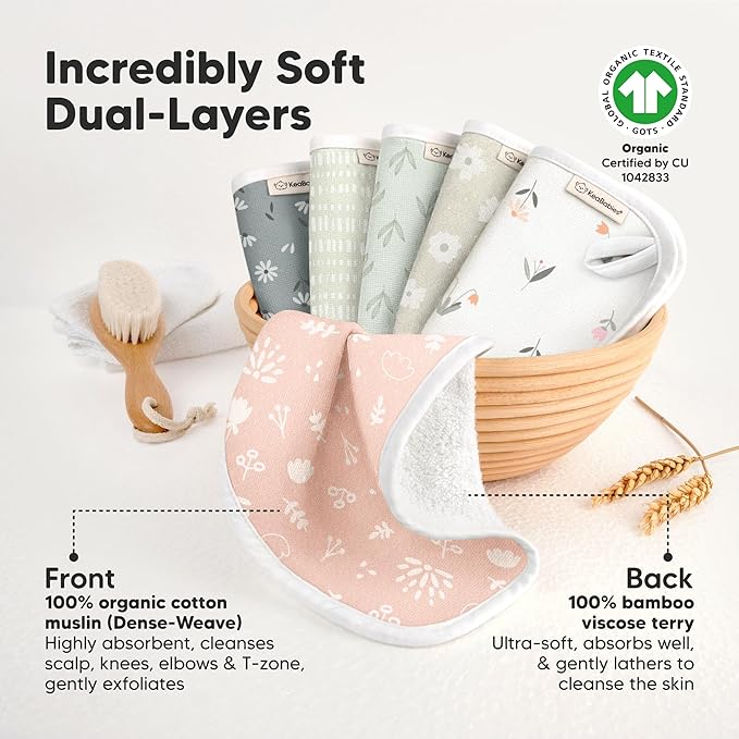 6-Pack Cotton Baby Washcloths for Newborn - Organic Cotton Muslin Soft Wash Cloths for Babies, Infant, Kids, Toddler Towels for Boy, Girl, Super Absorbent Face Cloths, Scratch-Free Baby Rags (Fleur)