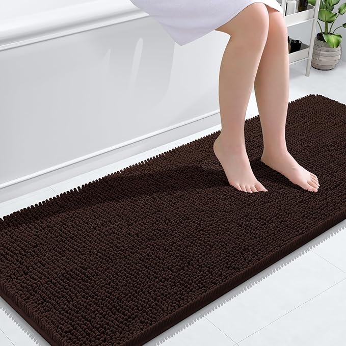 OLANLY Bathroom Rugs 59x24, Extra Soft Absorbent Chenille Bath Rugs, Rubber Backing Quick Dry, Machine Washable Bath Mats for Bathroom Floor, Tub and Shower, Home Decor Accessories, Brown