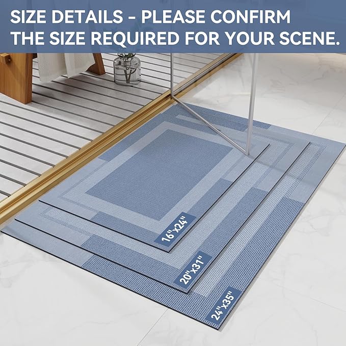 Non Slip Bath Mat, Rubber Backing Ultra Thin Bathroom Rugs Fit Under Door Quick Dry Super Absorbent Washable Bath Rug Shower Mat for Bathroom Floor Bathtub Shower Sink, Easy Care Blue 16"x 24"