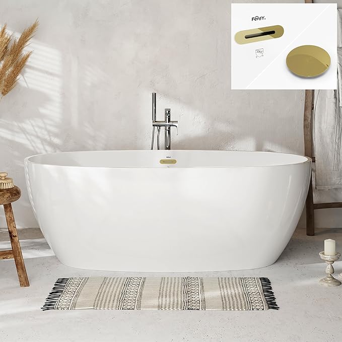 FerdY Tahiti 67" Freestanding Bathtub Elegant Oval Shape, Glossy White Double Walled Insulation bathtub with Center Polished Gold Drain & Overflow, cUPC Certified