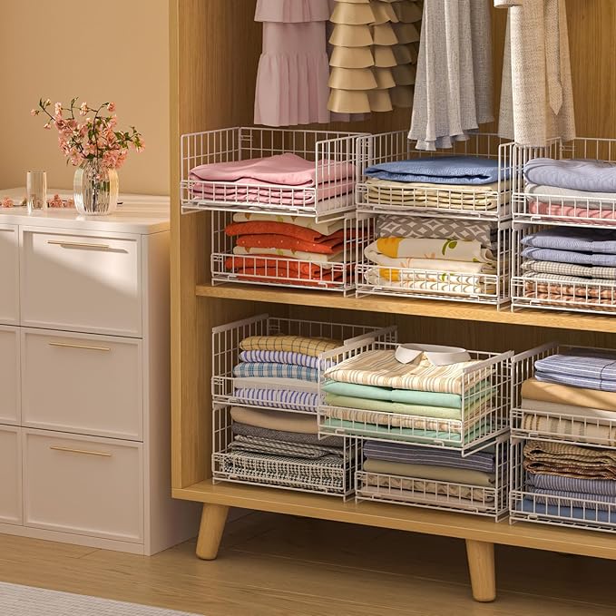 4-Tier Sliding Closet Organizers and Storage Shelves, Stackable Closet Shelf Organizer Basket Bins, Drawer Shelf Storage Container for Wardrobe Cupboard Kitchen Bathroom Office, White