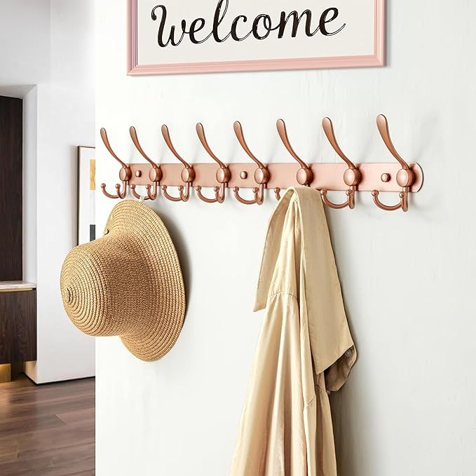 Dseap Coat Rack Wall Mount - 29.5” Long 8-Tri-Hooks Heavy Duty Coat Hanger Rail Wall Hooks for Hanging Coats Hats Clothing Clothes Purse Mudroom Entryway, Rose Gold, Pack of 2