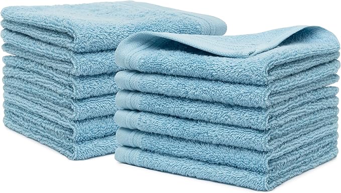 100% Cotton Washcloths Set 13” x 13” | Sky Blue Towels | Set of 12 Ultra Soft and Highly Absorbent Washcloths Sets for Bathroom, Gym, Hotel, Spa | Machine Washable Face Towel
