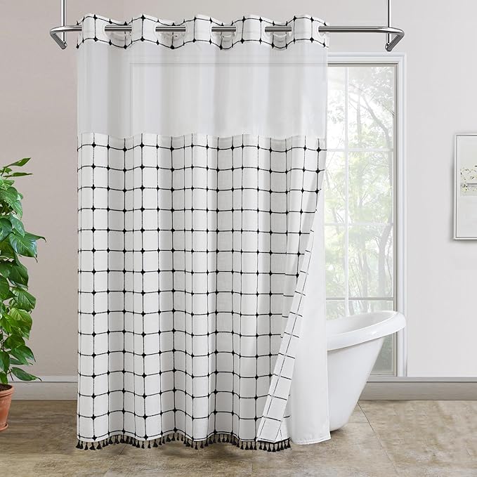 ROSERY No Hook Shower Curtain with Snap in Fabric Liner Set, Boho Farmhouse Black and White Woven Jacquard Grid Shower Curtain for Bathroom with Tassel, Checkered Pattern, 71" W x 74" L
