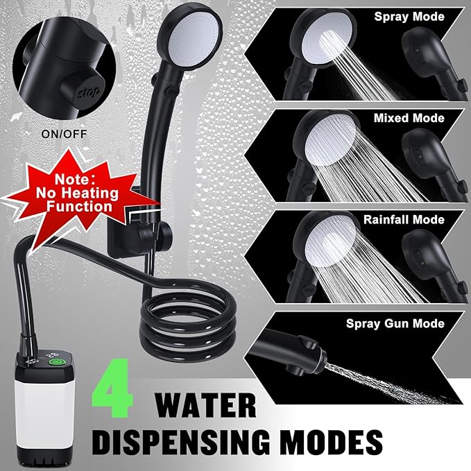 Portable Shower for Camping, [Long-Lasting] Spopal 6000mAh Rechargeable Camping Shower with Intelligent LED Display, 4 Spray Modes, IPX7 Waterproof Outdoor Camp Pump for Hiking, Travel, Car, Pet