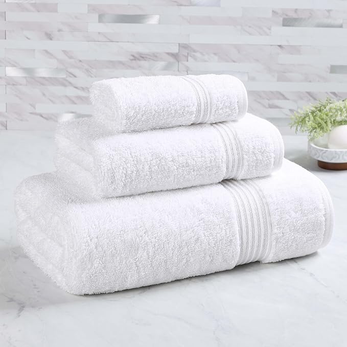Superior Egyptian Cotton 3-Piece Towel Set, Basic Towels For Bathroom, Home Decor, Guest Bath, Shower, Apartment, Included 1 Face, 1 Hand, 1 Bath Towel, Washcloth, Quick Dry, White