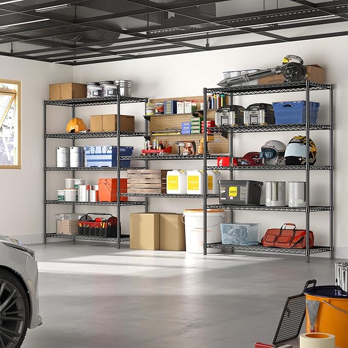 5 Tier Storage Shelves 71"H Wire Shelving Adjustable Metal Shelving,1000LBS Pantry Shelves Sturdy Steel Wire Shelf for Kitchen School Pantry Garage Warehouse ,71"H X35.5"W X13.8"D, Black,2P