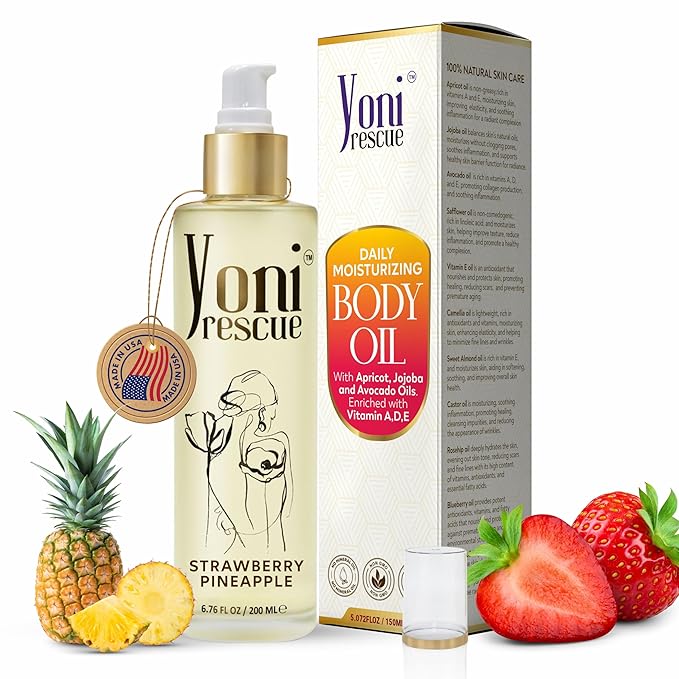 After Shower Body Oil for women | Made in USA with Apricot, Jojoba, Avocado & Vitamin E Oil | Hydrating & Nourishing for all Skin types | 6.76 oz | Strawberry Pineapple