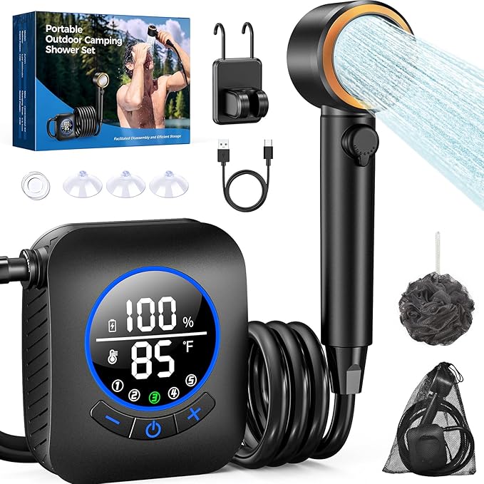 Portable Shower for Camping 8000mAh with 3X Stronger Water Flow, Portable Camping Shower with 5 Pressure Levels, 4 Spray Modes, 26oz Ultra Lightweight, IPX8 Waterproof