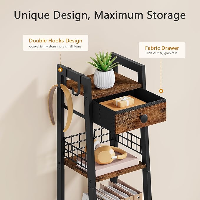 4-Tier Narrow Bathroom Table Ladder Shelf with Drawer, Bathroom Stand Floor Storage Shelf, Freestanding Tower Shelf Ladder -Rustic Brown.