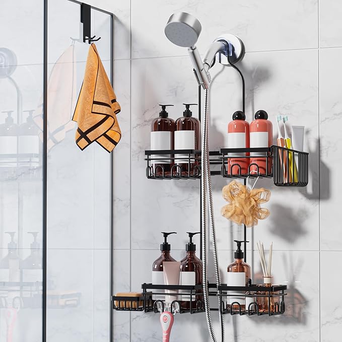 Shower Caddy Hanging with Door Hook - Split Design for Handheld Showerheads, Rustproof Over The Showerheads Bathroom Organizer with Hooks Soap and Toothbrush Holder, Bathroom Accessories Black