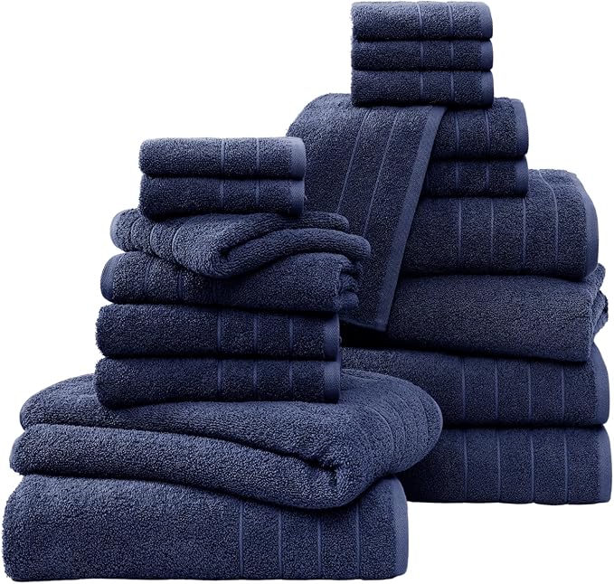 Casa Platino 100% Cotton Luxury Bath Towel Set - 18 Pieces - Ring Spun, Super Soft & Highly Absorbent - 6 Bath, 6 Washcloths, 6 Hand Towels for Bathroom - Holds Well After Multiple Washes - Navy Blue