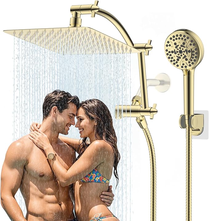 Hibbent All Metal Shower Head, 10'' High Pressure Rain Shower Head, Handheld Showerhead Combo, 16'' Adjustable Shower Extension Arm, 10 Sprays, 71'' Hose, Adhesive Showerhead Holder, Polished Brass