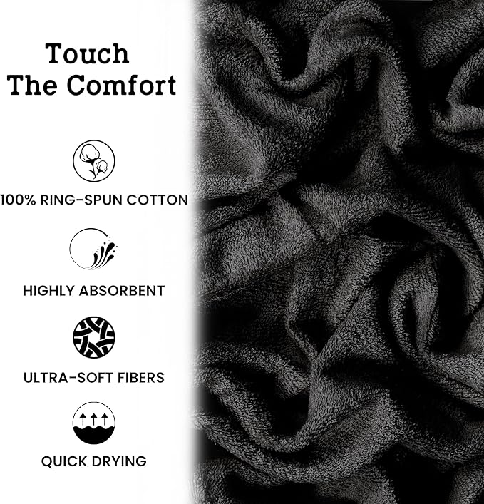 Casa Lino 100% Cotton Bath Towels Set of 4 (1 Bath Towel, 1 Hand Towel & 2 Wash Cloths) - Bathroom Towels and Washcloths Set - Complete Bathroom Set - Guest Room Essentials - (Charcoal Black)