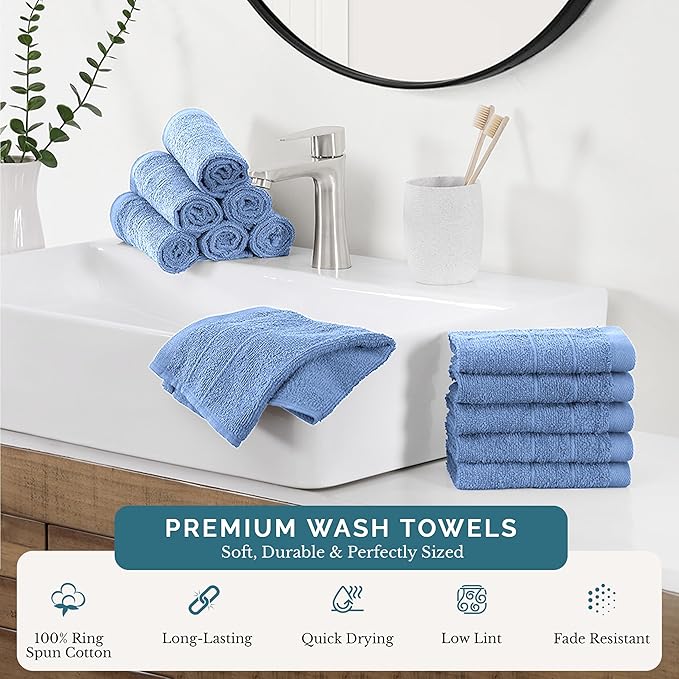 Casa Platino 100% Cotton Wash Cloths 12 Pack - Spa & Salon Quality - Ring Spun Cotton Face Cloths- Soft & Absorbent Washcloths for Shower, Home, Kitchen - Fingertip Towels - 13"x13", Cerulean Blue
