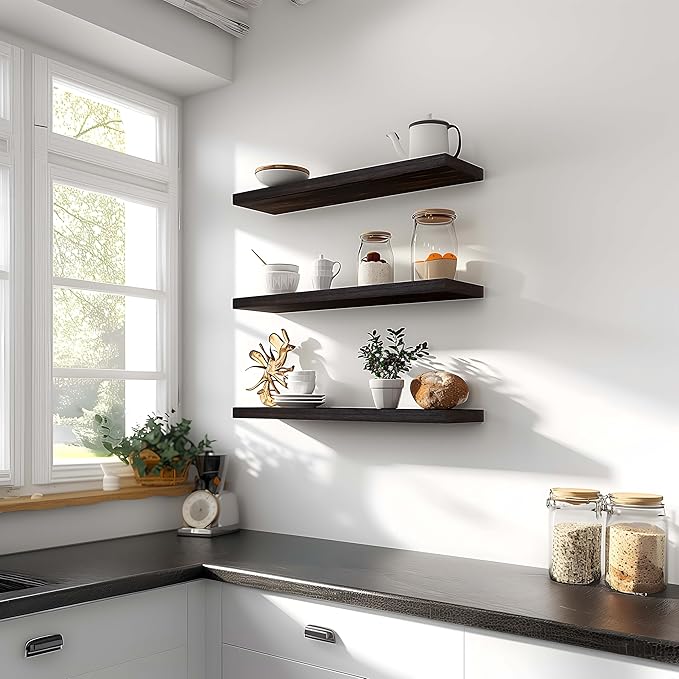 24 Inch Floating Shelves for Wall Rustic Brown Wood Wall Shelves for Bedroom Set of 4