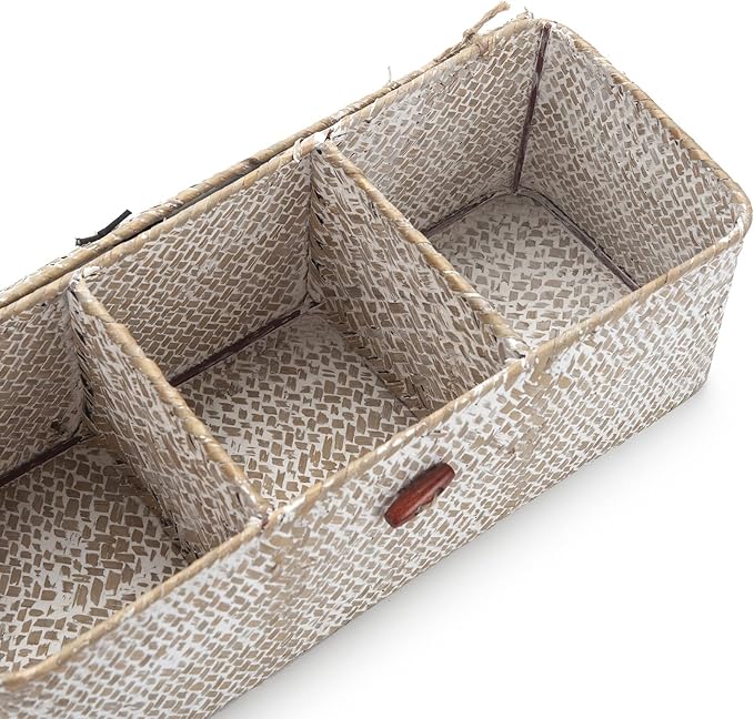 3 Section Seagrass Storage Basket, Handmade Shelf Baskets with Lid for Bathroom/Closet/Livingroom