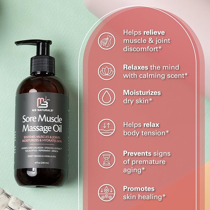 Arnica Sore Muscle Massage Oil for Massage Therapy - with Collagen Stem Cells Arnica and Menthol - Multipurpose Instant Absorption Full Body Massage Oil by M3 Naturals (Pack of 2)
