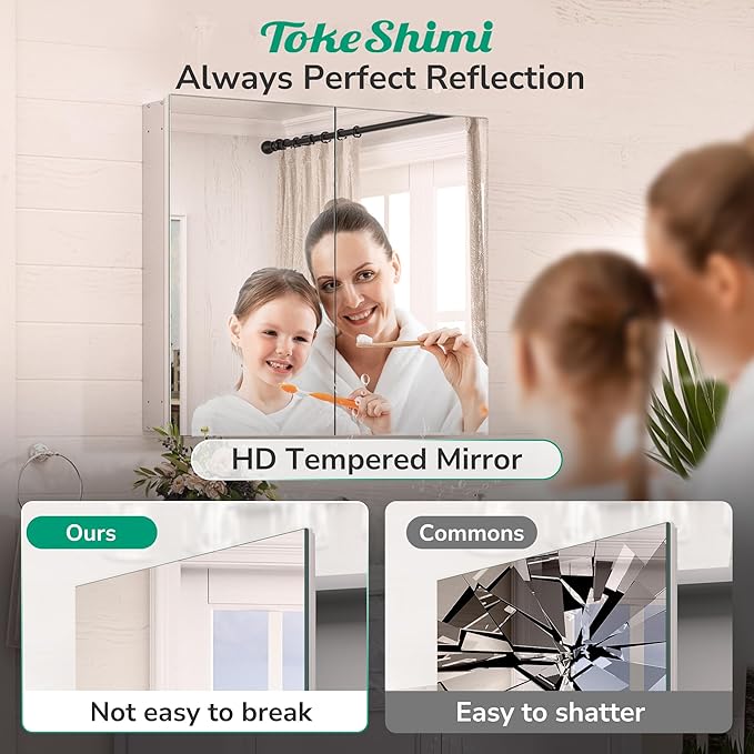 TokeShimi 16x24 Bathroom Medicine Cabinet with Mirror Tempered, Aluminum Silver Mirrored Medicine Cabinet Recessed or Surface Mount with Adjustable Storage Metal for Modern Farmhouse