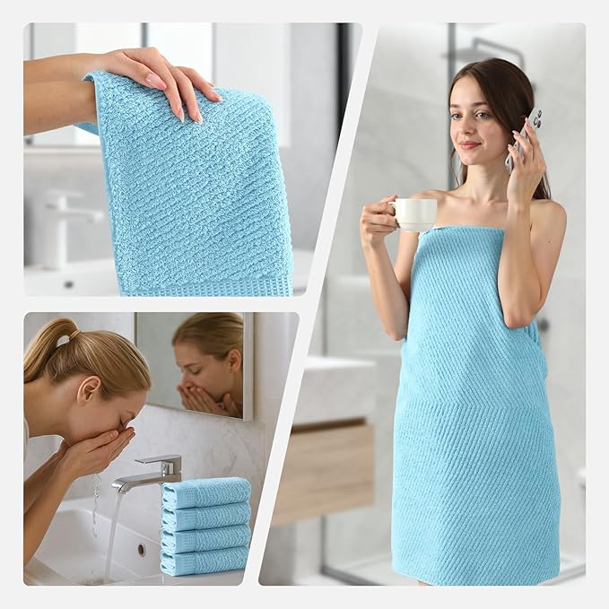 REDKISS Luxury Bath Towel Set of 8, 100% Cotton Bathroom Towels Set with 2 Bath Towels, 2 Hand Towels, 4 Washcloths, Ultra Soft Highly Absorbent Towels for Bathroom, Gym, Hotel, Spa, Blue