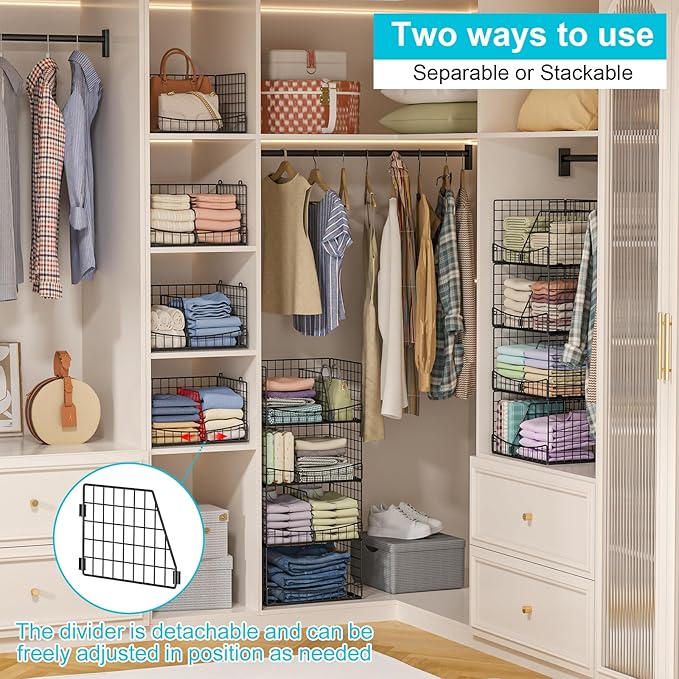 4-Tier Closet Organizers and Storage Shelves with Divider, Stackable Closet Shelf Organizer Basket Bins, Clothing Sweaters Storage Container for Wardrobe Cupboard, Black