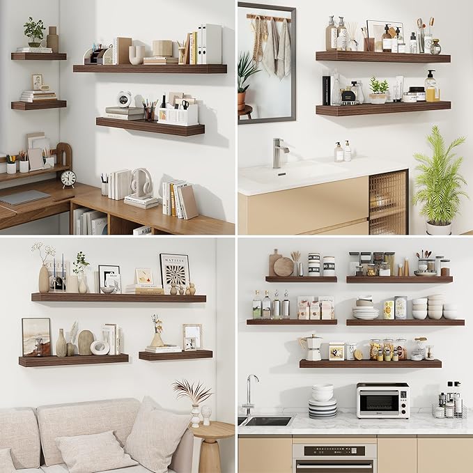 fuqing Floating Shelves for Wall, Wall Mounted Wood Floating Shelf with Invisible Brackets for Living Room, Bathroom, Bedroom, Kitchen Storage and Decor, 16 Inch Set of 2, Walnut