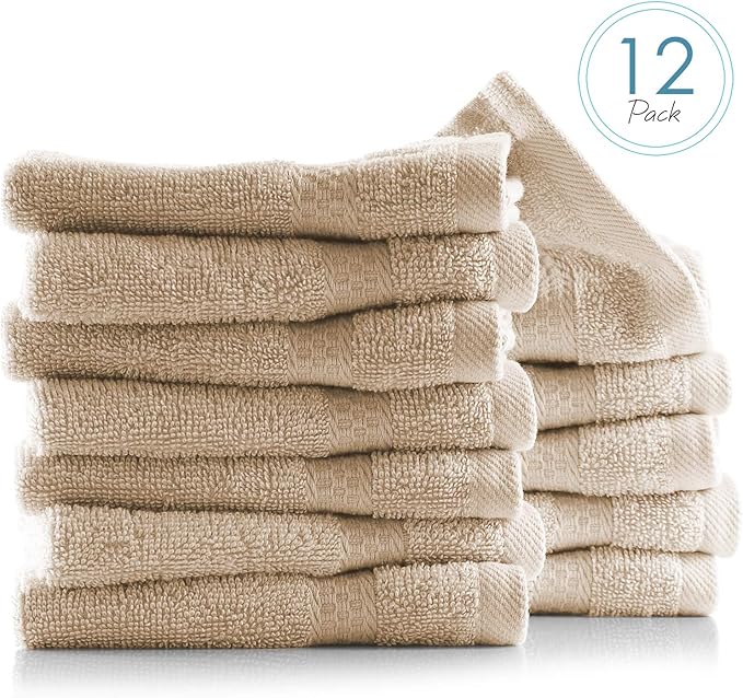 Hearth & Harbor Washcloths 12 Pack - 100% Cotton Washcloth for Body and face, High Absorbent and Soft 13"x13" Body Wash Cloth, Quick Dry - Cream Washcloths