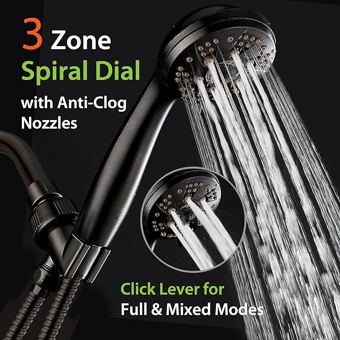 AquaDance High Pressure 6-Setting Oil Rubbed Bronze Handheld Shower Head with Stainless Steel Hose. Officially Independently Tested to Meet Strict US Quality & Performance Standards!