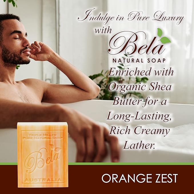 BELA Orange Zest Soap Bars 3.3 OZ Pack of 6, French Triple Milled Bar Soap with Organic Shea Butter Soap Bar for All Skin Types Long Lasting, Made in Australia