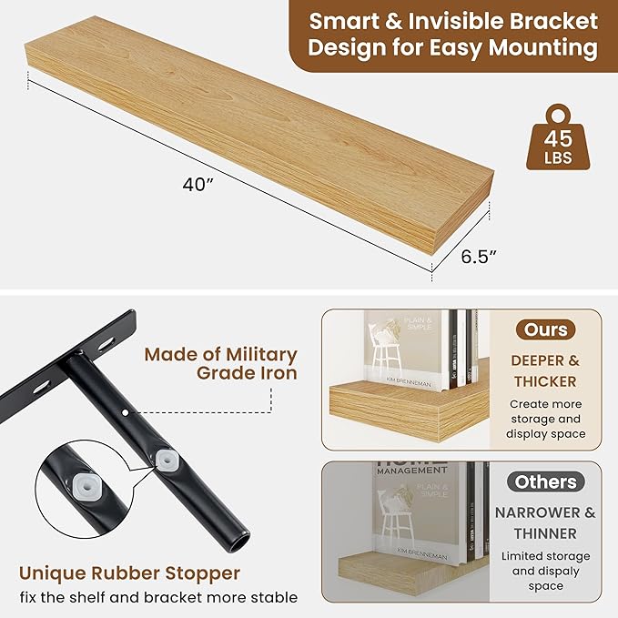 fuqing Floating Shelves for Wall, Wall Mounted Wood Floating Shelf with Invisible Brackets for Living Room, Bathroom, Bedroom, Kitchen Storage and Decor, 40 Inch Set of 2, Oak