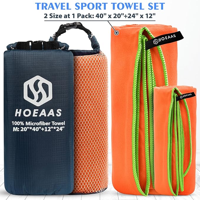 HOEAAS 2 Pack Microfiber Camping Towels, Quick Dry Towel, Super Absorbent Ultra Compact Travel Towel Soft Lightweight Sports Towel for Sweat Fast Drying Towels for Pool,Gym,Hiking,Backpacking,Fitness